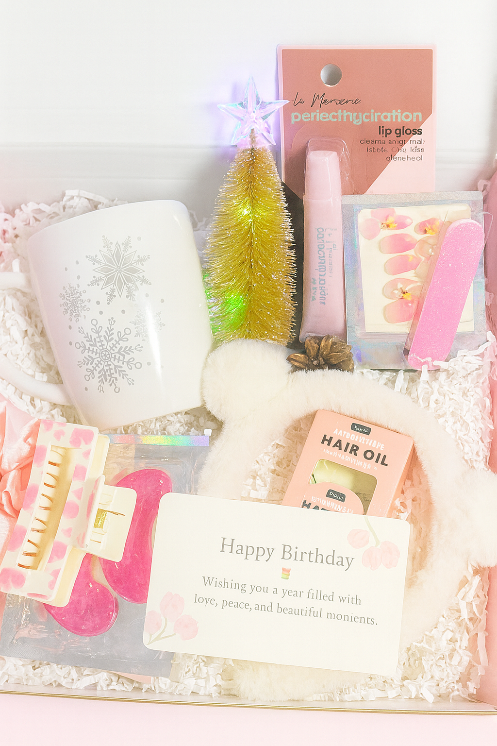 Christmas Self-Care Gift Box – Winter Mug, Lip Gloss, Eye Pads, Hair Oil & Cozy Accessories | Holiday Gift for Her