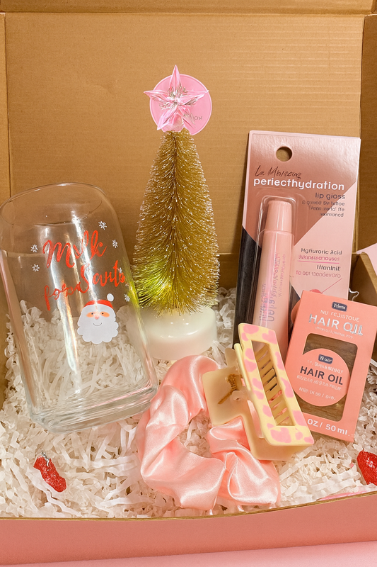 Christmas Self-Care Gift Box – Santa Glass Cup, Lip Gloss, Hair Oil & Holiday Accessories | Perfect Gift for Her