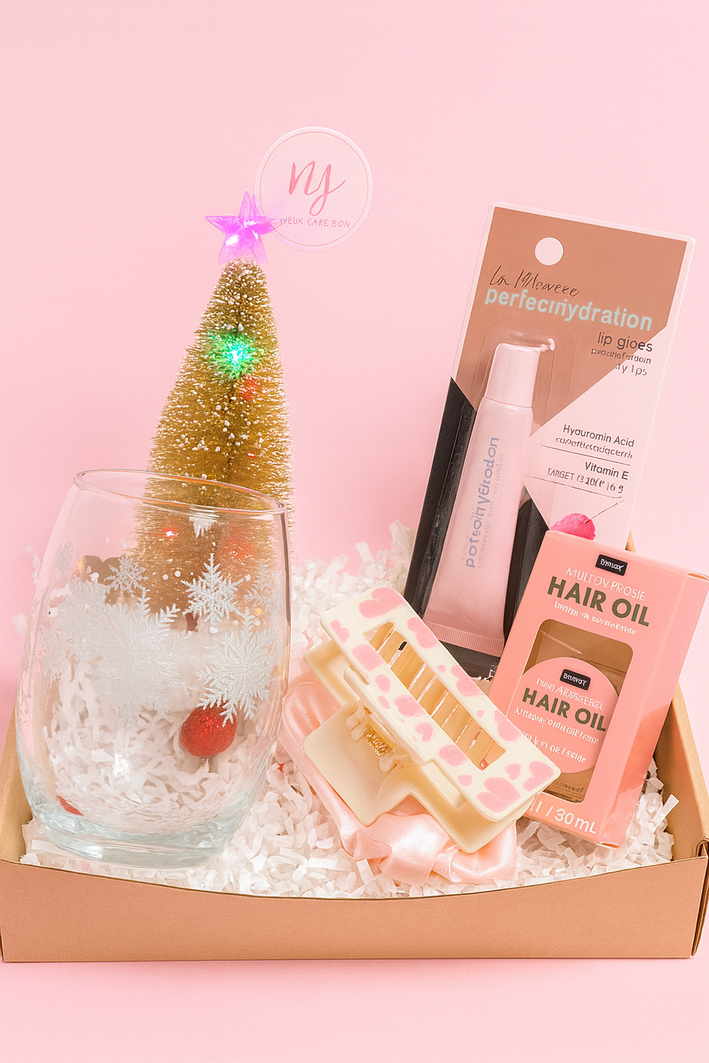 Christmas Self-Care Gift Box – Holiday Glass Cup, Lip Gloss, Hair Oil & Accessories | Perfect Gift for Her