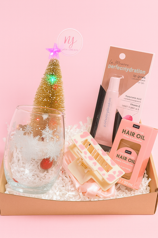 Christmas Self-Care Gift Box – Holiday Glass Cup, Lip Gloss, Hair Oil & Accessories | Perfect Gift for Her