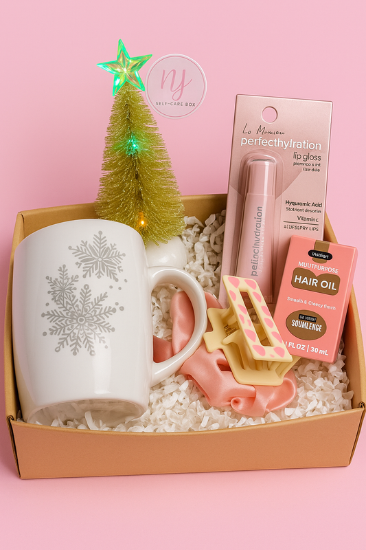 Christmas Self-Care Gift Box – Winter Mug, Lip Gloss, Hair Oil & Accessories | Holiday Gift for He