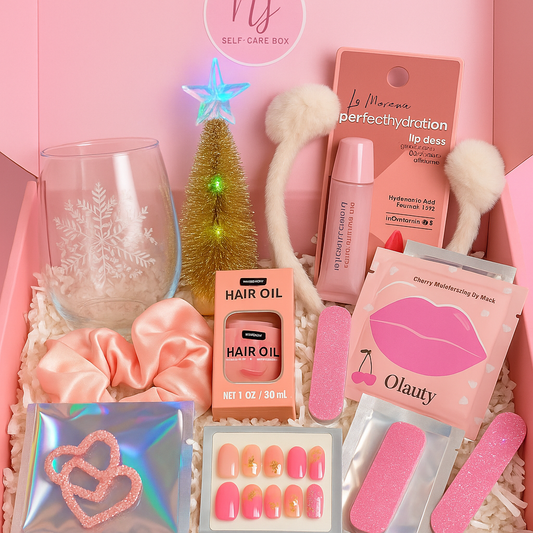 Premium Christmas Self-Care Gift Box – Winter Glass Cup, Lip Care, Hair Oil, Accessories & Beauty Set | Holiday Gift for Her”