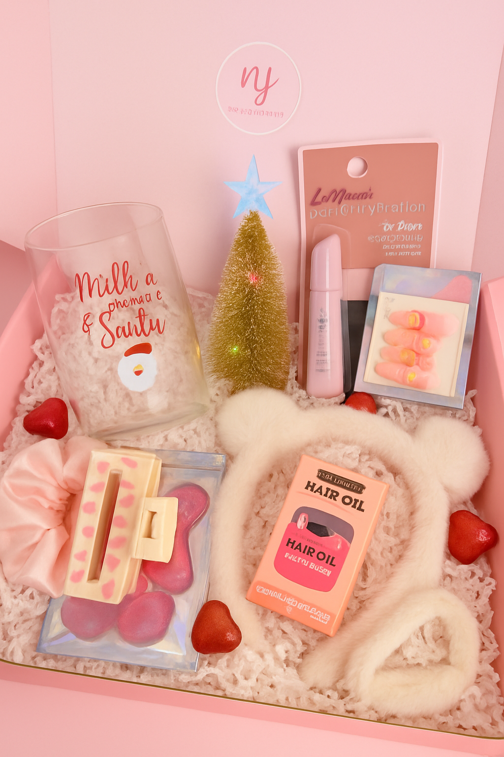 Christmas Self-Care Gift Box – Milk for Santa Glass, Lip Gloss, Eye Pads, Hair Oil & Cozy Accessories | Holiday Gift for Her