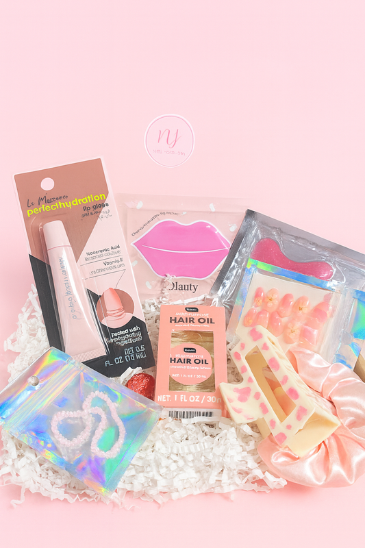 NY Pink Self-Care Gift Box – Lip Care, Hair Oil, Nails & Accessories – Perfect Pamper Set